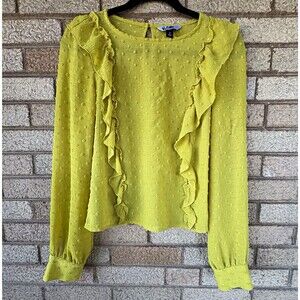 Vylette Women's Yellow Dobby Ruffle Round Neck Button Long Sleeve Blouse S
